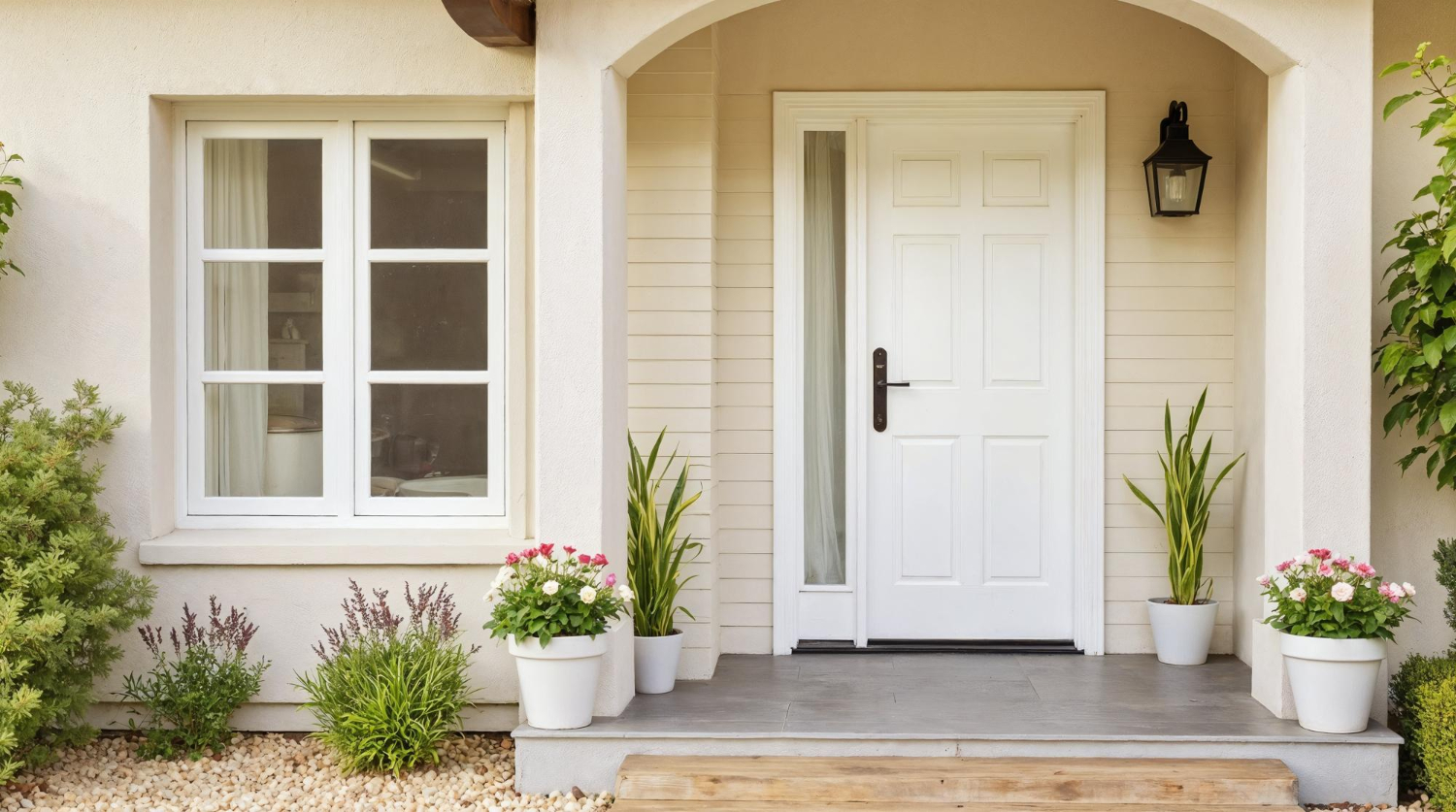 Une entrée de maison élégante avec une porte PVC et des plantes